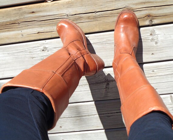 Vintage Retro FRYE Tall Leather Cuff Knee High Boots 1960s 1970s Brown Campus CAN US Size 6 Party Gift