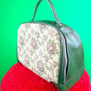 Vintage Tapestry Handbag: Floral Petit Point Top Handle Purse 60s-70s Green Vinyl Bag Accessory image 4