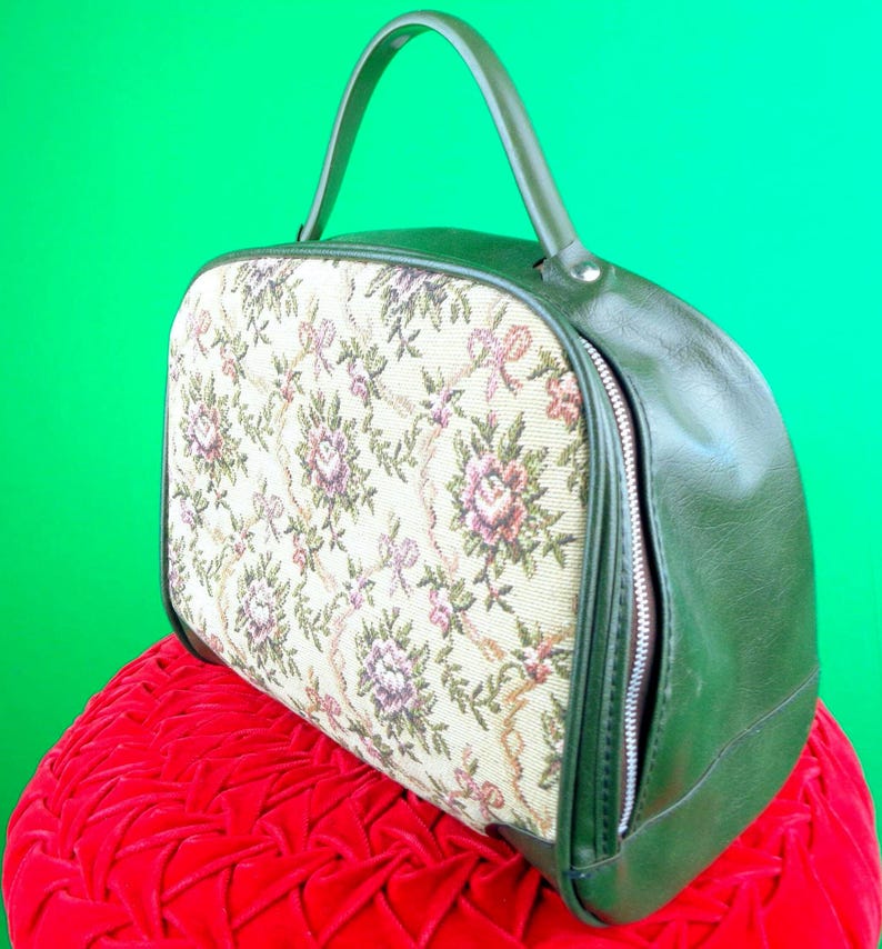 Vintage Tapestry Handbag: Floral Petit Point Top Handle Purse 60s-70s Green Vinyl Bag Accessory image 4