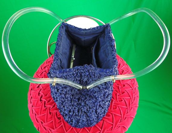 Vintage Retro LG Navy Blue Raffia Straw Rattan Handbag Lucite Top Handle Purse 1950s 1960s Mid Century Coin Pouch Wedding Party Evening Gift