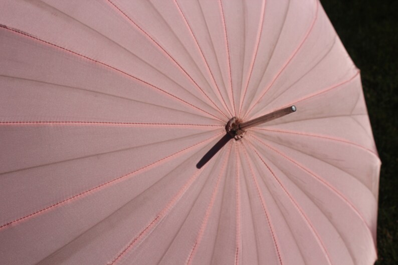 1940s 50s Powder Pink Nylon Plastic Black Wooden Handle Bell Silver Tone Metal Rain Umbrella Parasol Canopy Vintage Retro Vogue Accessories
