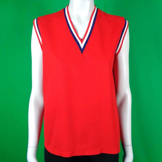 Vintage Retro Clothing Apparel Nautical Pullover Top Tee Shirt Blouse Jersey 1960s 70s Mid Century LG Sport-wear Casual Gift Red Blue White