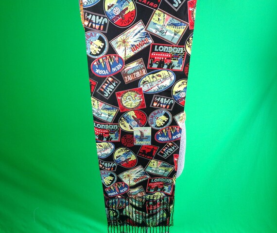 Vintage World Print Travel Scarf: Paris, London, New York, Hawaii Souvenir Wrap Shawl Accessory