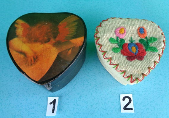 Vintage Heart Trinket Boxes: Angel Lacquerware & Floral Embroidered 1970s-80s Jewelry Storage Container Gift
