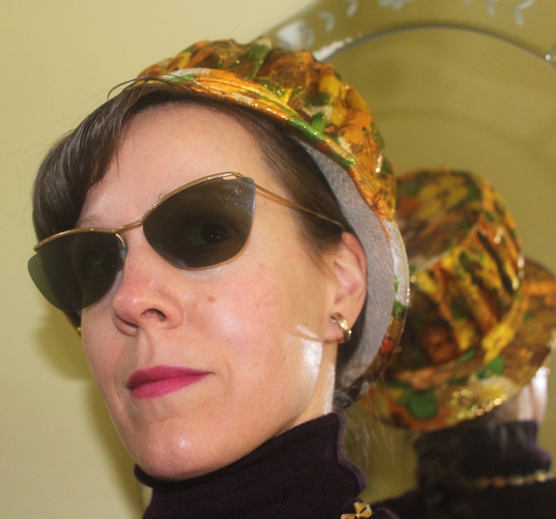1950s 60s Vintage Mid Century Retro Mod Accessorie Womens Hat Floral Brocade Silk Yellow Orange Green Brown White Bucket Topper Dress Formal
