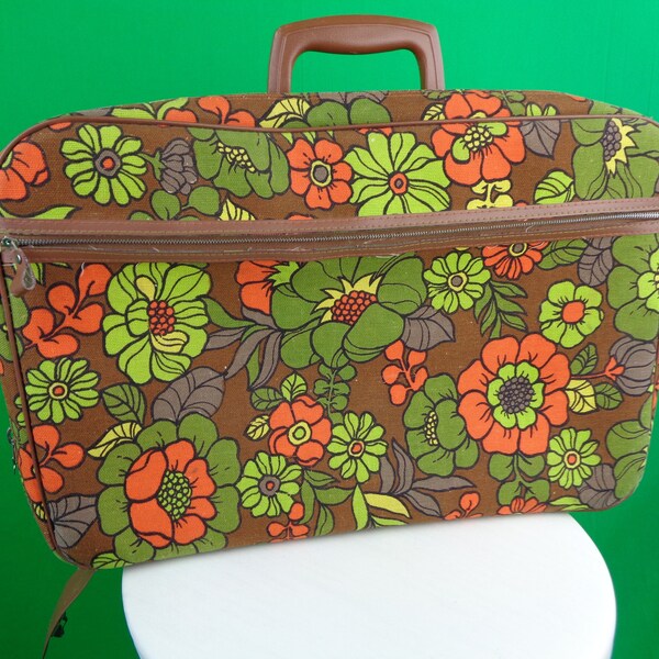 Vintage 60s 70s Vintage Mid Century Retro Mod Womens Mens Kids Brown Green Orange Yellow Train Suitcase Luggage Carry On Storage Bag Floral