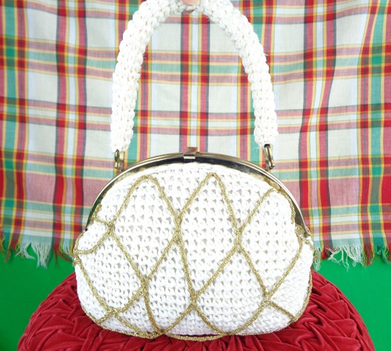 Vintage Raffia Straw Handbag, Stein White Woven Purse, 1950s Gold Mid Century Clutch Accessory