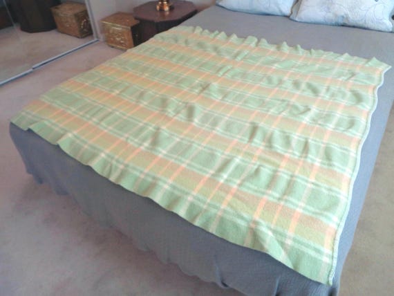Vintage 1940s-50s Horse Pastel Plaid Blanket: Mid-Century Throw Cover Bedding Comforter Green Orange Yellow