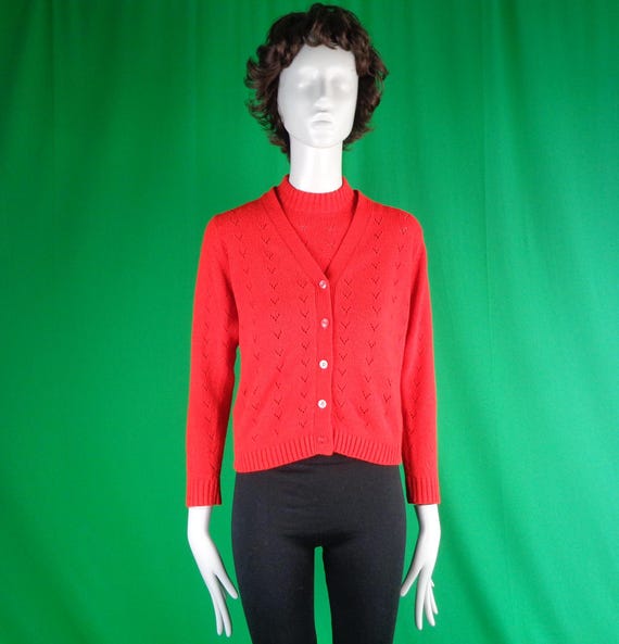 Vintage Retro Clothing Apparel Red Button Cardigan Sweater Set Pullover Top Blouse Knitwear 60s 70s S Barbra Sue Wedding Party Evening Gift