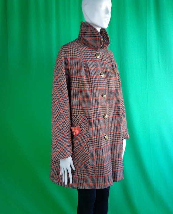 Vintage 1960s-70s Hounds Tooth Pea Coat: Mod Checker Jacket, Penguin Brand Orange Blue Purple