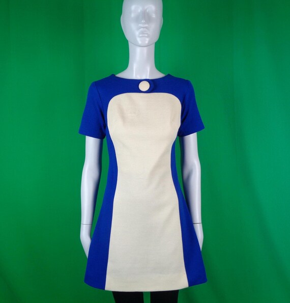 Vintage Retro Marimekko Mod Windsor Color Block Wool Dress 1950s 1960s Mid Century Blue Ivory Small Wedding Party Formal Evening Casual Gift