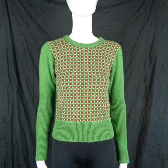 Vintage Retro Y2K Clothing Apparel Pullover Sweater Top Rio De Cent XS Party Evening Formal Casual Gift Green Brown Beige Wool Check Pattern