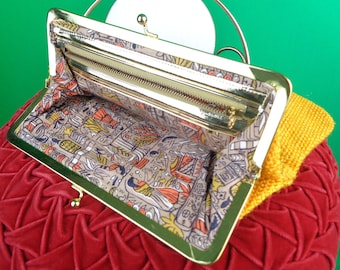 Vintage Folding Clutch Egyptian Print JR: 1950s-60s Tweed Purse Handbag Yellow Retro Fashion Accessory