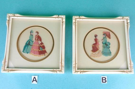 Vintage Victorian Style Wall Hangings Set: 1940s-50s Petit Point Pictures - Mid Century Modern Frame Art Decor Gift
