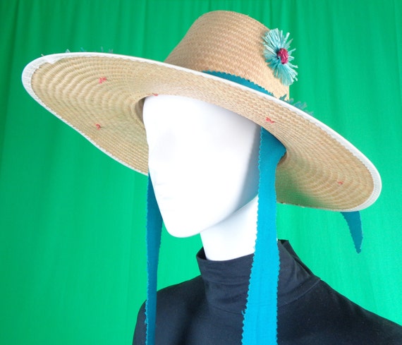 Vintage Retro LG Natural Beige Straw Bucket Sun Tie Hat 1950s 1960s Mid Century Blue Raffia Rattan Wedding Party Coastal Beach Gift