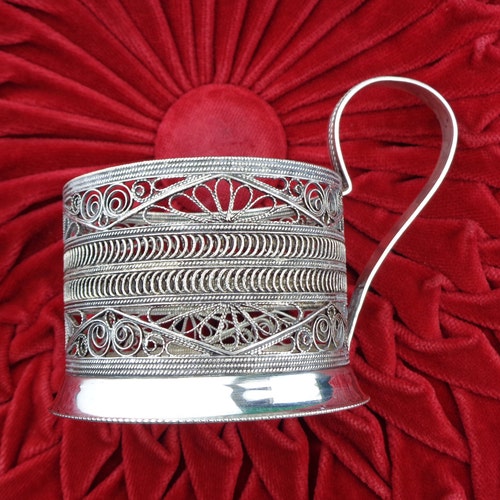 1940s 50 WW2 Vintage Mid Century shops Soviet Demitasse Silver Plate Filigree Tea Cup Glass Holder Home Living Kitchen Dining Decor Drink Barware
