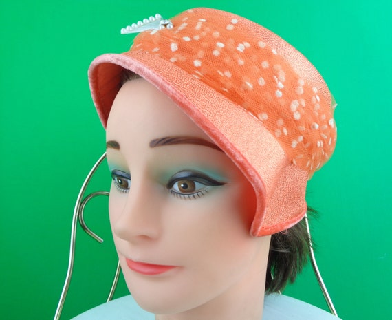 Vintage 1950s Orange Capulet Hat, Pearl Fan Detail Mid Century Formal Party Wear Gift