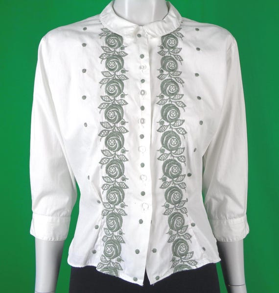 Vintage Retro Handmade Clothing Apparel Button Blouse Shirt Top 50s 60s Mid Century M Embroider White Gray Wedding Party Evening Formal Gift