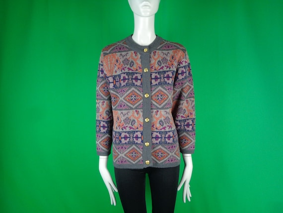 Vintage 1970s Geometric Wool Cardigan Sweater - Camela Knitwear Gift Gray Orange Purple Pink Blue
