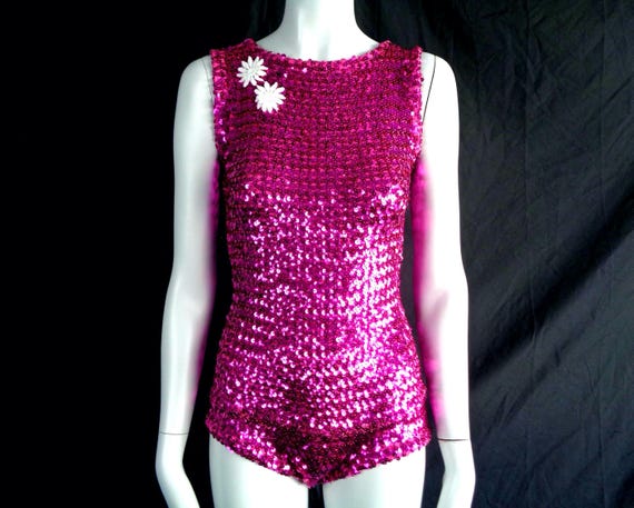 Vintage Sequin One Piece Dance Costume: 1950s Bodysuit Showgirl Stage Party Wear Fuchsia Pink
