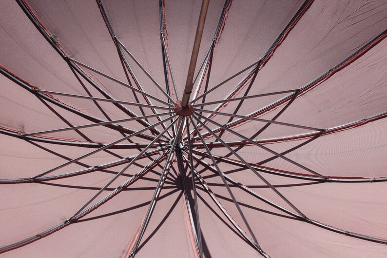 1940s 50s Powder Pink Nylon Plastic Black Wooden Handle Bell Silver Tone Metal Rain Umbrella Parasol Canopy Vintage Retro Vogue Accessories