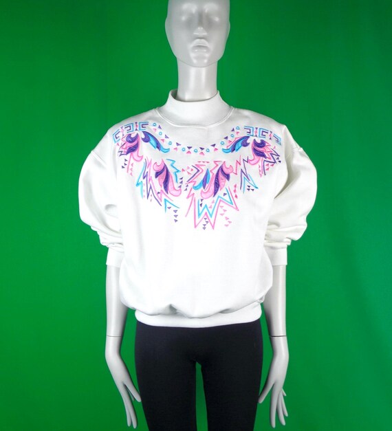 Vintage 80s/90s Pullover Sweater: Crazy Pattern, Northern Sport LG White Purple Pink Blue