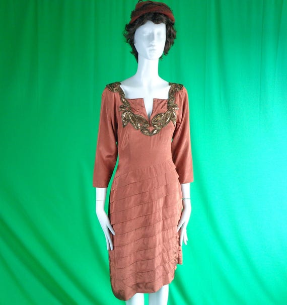 Vintage Retro Beaded Angle Pleat Dress - 1960s-70s Copper Party Evening Dress Size Medium Gift