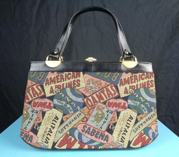 Vintage Retro French Tapestry Arline Purse Handbag Top Handle Clutch 1950s 1960s Mid Century Airliner TWA PANAM Qantas American Airline Gift