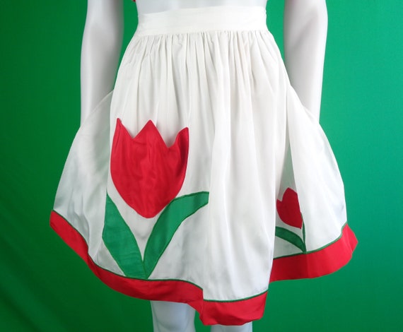 Vintage Retro Handmade Novelty Floral Tulip Pocket Apron 1940s 50s Mid Century White Red Green Wedding Party Home Living Kitchen Dining Gift
