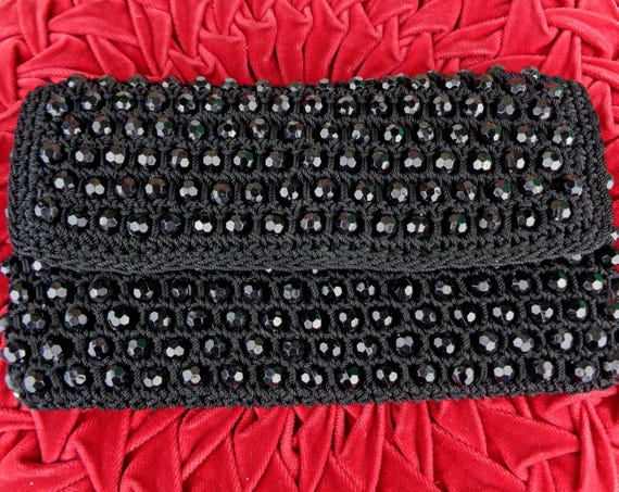 Vintage Retro Beaded Clutch: 1960s-70s Black Cord Knit Evening Bag Purse Handbag Gift Accessorize