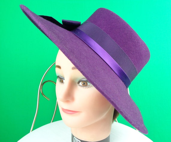 Vintage Retro Splendora LG Brim Purple Chapel Cartwheel Hat 1950s 1960s Mid Century Wedding Party Formal Evening Gift Accessorize