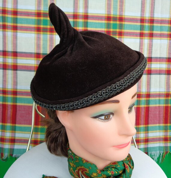 Vintage Retro Half Mini Brown Pixie Peek Cone Hat Capulet Topper 1940s 1950s Mid Century Felt Wedding Party Formal Evening Gift Accessorize