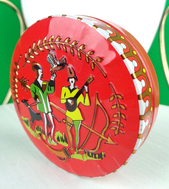 Vintage Embossed Trinket Tin: 1950s-60s Musical Minstrel Scene, Made In England Harlequin Storage Container