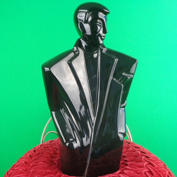 Statue d'homme de collection en céramique noire brillante de forme mannequin avant-gardiste cubiste angulaire Lindsey Balkweill Rick des années 80 des années 90, déco rétro vintage des années 80 et 90