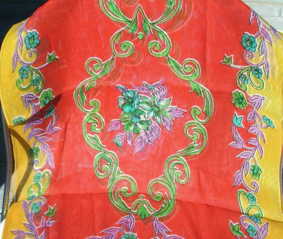 Vintage Floral Scarf: 1950s-60s Mid Century Orange Yellow Green Blue Purple Wrap Shawl Accessory