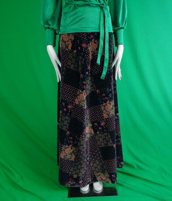 Vintage Retro Handmade Clothing Apparel Patchwork Maxi Velveteen Skirt 1960s 70s M Long Ankle Floor Folk Prairie Novelty Formal Casual Gift