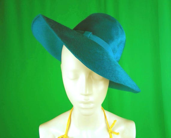 Vintage Retro Mod Andre Designer Floppy Mohair Brim Hat Teal Blue 1960s 70s Mid Century Wedding Party Evening Formal Casual Gift Accessorize