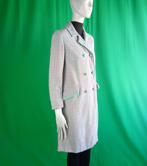 Vintage 60s Plaid Trench Coat: Pastel Blue Pink, Tweed Jacket Union Made Mid Century