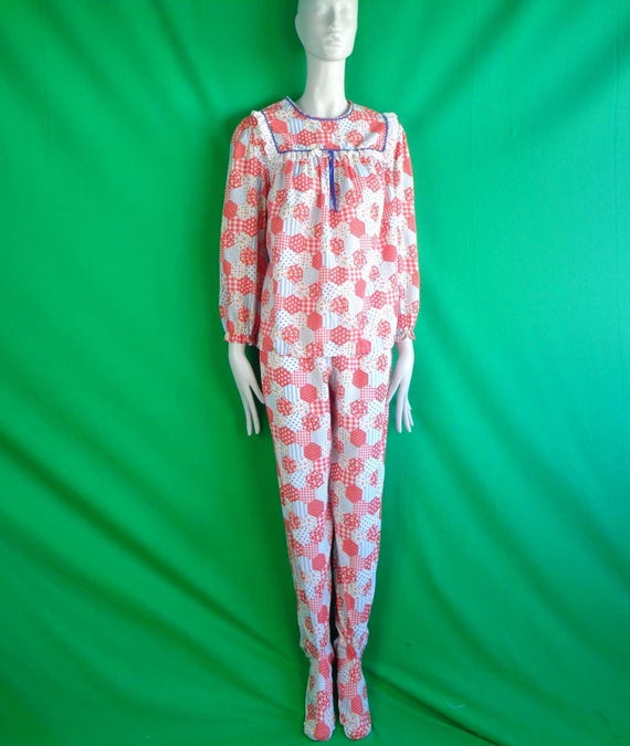 Vintage Patchwork Onesie: 1960s-70s Floral Pyjamas Nightwear Set Light Flannel Slumber Party Gift