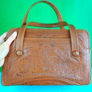 Vintage Tooled Handbag: 1950s-60s Leather Purse Mid Century Top Handle Flores Western Gift Accessory
