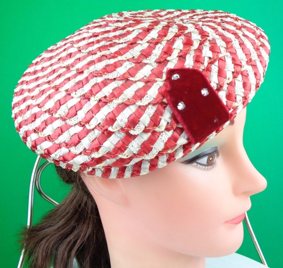 Vintage Retro Small Half Mini Base Hat Straw Raffia 40s 50s Mid Century Red White Stipe Velvet Wedding Party Formal Evening Gift Accessorie