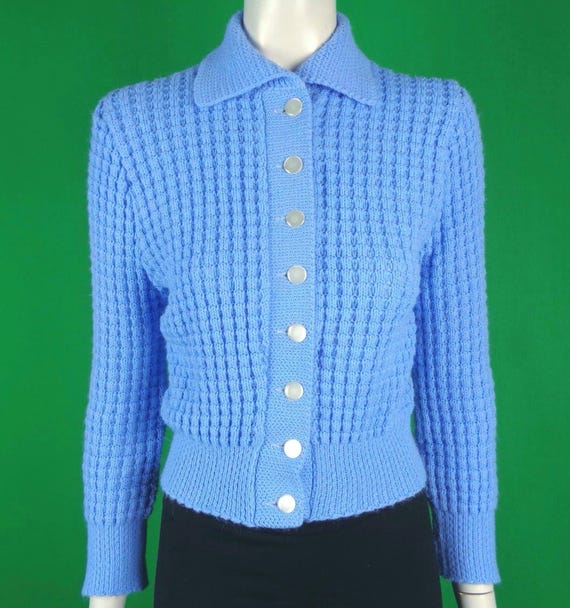 Vintage Retro Clothing Apparel Alpine Button Cardigan Sweater Cable Knitwear Top 1940s 1950s Mid Century S M Baby Blue Party Casual Gift