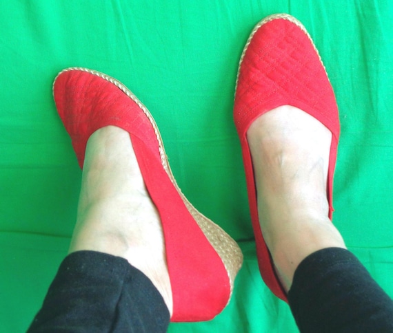 Vintage Retro Red Tan Roweliza Wedge Slides Slip Ons Shoes Pumps Footwear 70s 80s CA US 7 Wedding Party Evening Casual Nautical Coastal Gift
