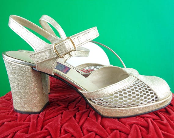 Vintage Gabor Lame Metallic Gold Platform Shoes, 1970s Strappy Disco Pumps, 5 1/2