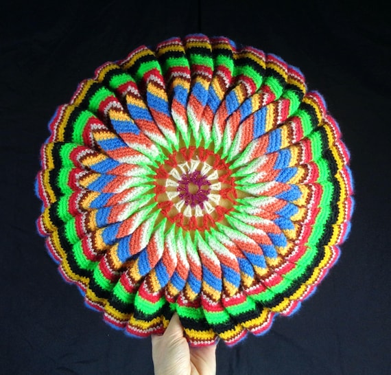 Vintage Handmade Granny Knit Throw Pillow: Stripe Accent Ruffle Cushion 1970s Chair Sofa Decor