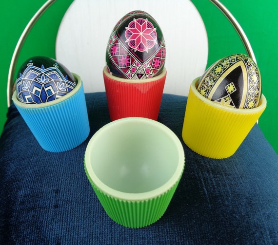 Vintage Retro Egg Holders Cups Set 4 Collectible Keepsake Plastic Cook Kitchen Storage 1960s 1970s Mid Century Home Room Accent Decor Gift