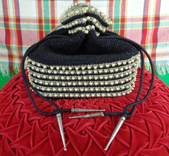 Vintage Retro Accessorie Cord Box Purse Handbag Clutch 1930s 40s Black Silver Faux Pearl Stripe Tie Metal Wristlet Wedding Party Formal Gift