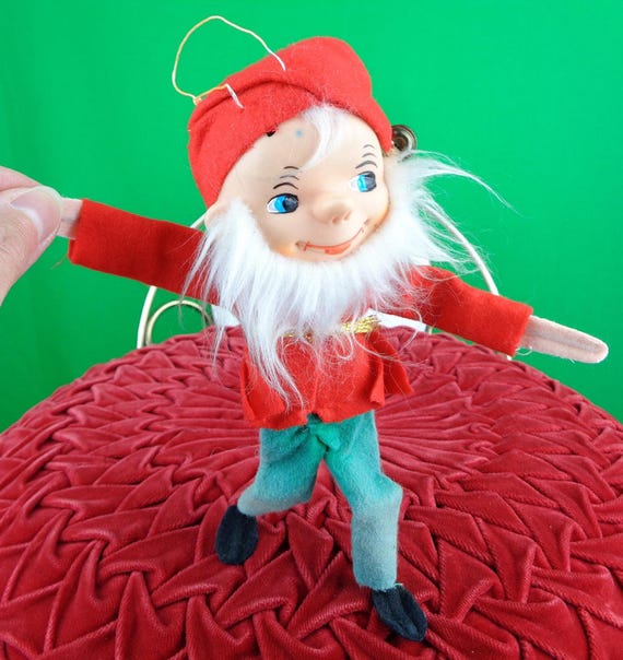Vintage Retro Christmas Holiday Tree Ornament Decoration Knee Elf Hugger Bendable Doll 60s 70s Mid Century Collector Home Accent Decor Gift