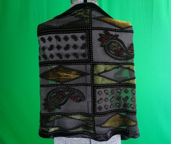 Vintage Retro Accessorie Shawl Wrap Scarf 1990s Besarani London Milano Black Red Yellow Green Paisley Argyle Silk Velvet Wedding Party Gift