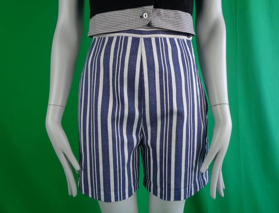 Vintage Retro Clothing Apparel Bermuda Short Pants 1950s 60s Mid Century High Stripe Sport-wear Tennis Golf Coastal Formal Casual Blue Gift